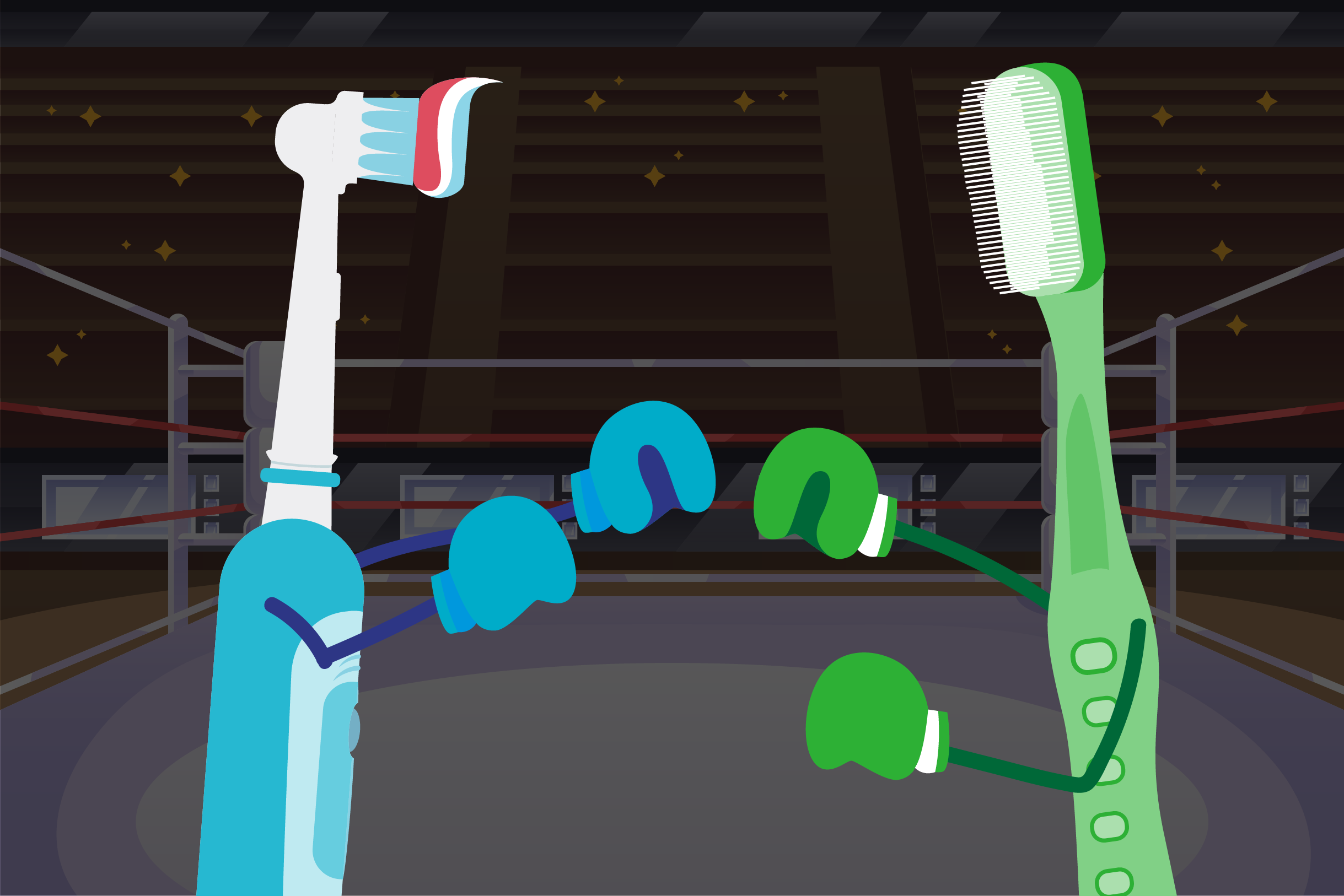 Humorous illustration of a face-off between an electric and a manual toothbrush.